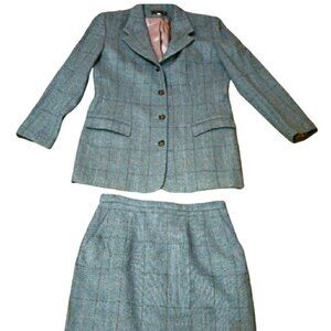 Country Shop Blue Plaid Wool Long Line Blazer & Skirt Suit 12 / 10 Dark Academia